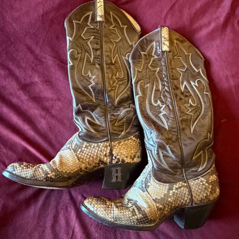 Dan Post Vintage Leather & Snake Brown Cowboy Boots - Picture 2 of 6